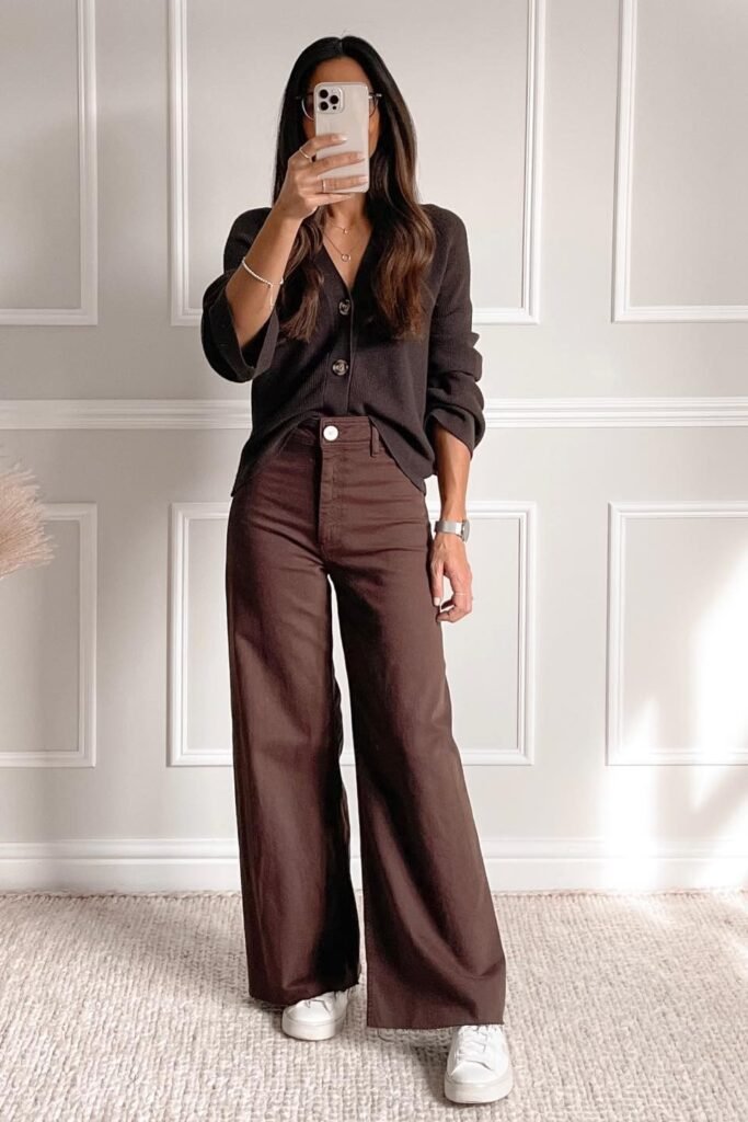 Dark Brown Button-Up Cardigan + Brown Wide-Leg Jeans + White Sneakers