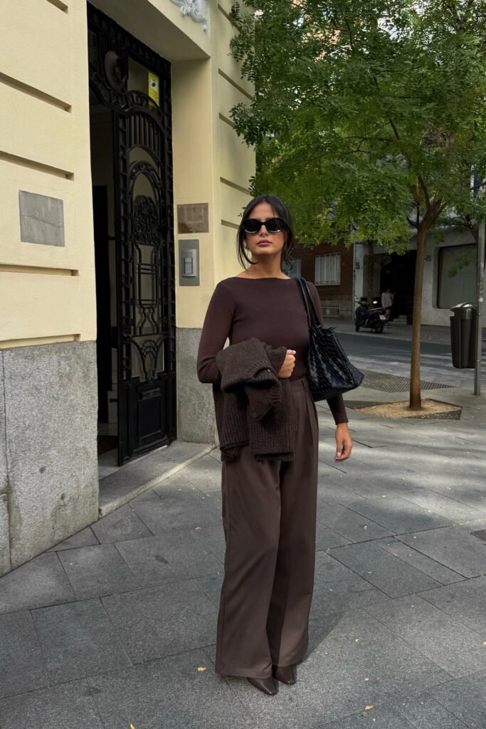 Dark Brown Long-Sleeve Top + Chocolate Brown Wide-Leg Trousers + Dark Brown Pointed Boots