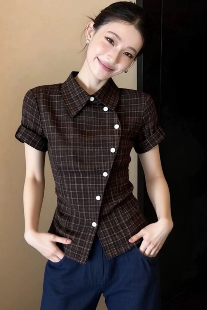 Dark Brown Plaid Asymmetrical Button-Up + Navy Blue Trousers