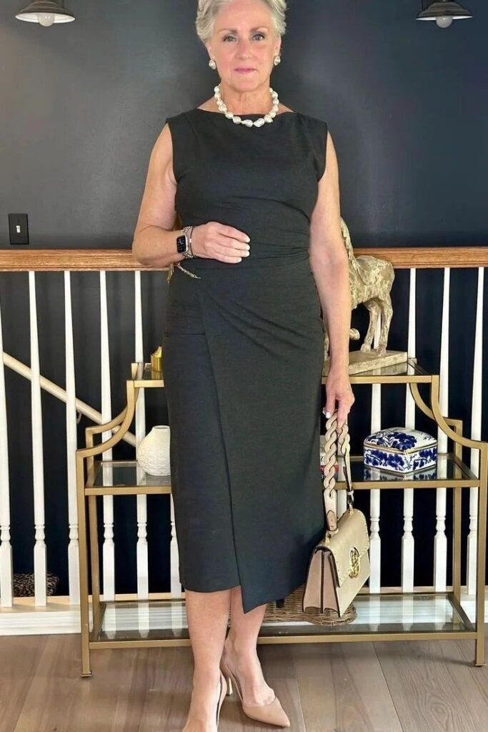 Dark Grey Sleeveless Wrap Dress + Pearl Statement Necklace + Nude Pointed-Toe Heels