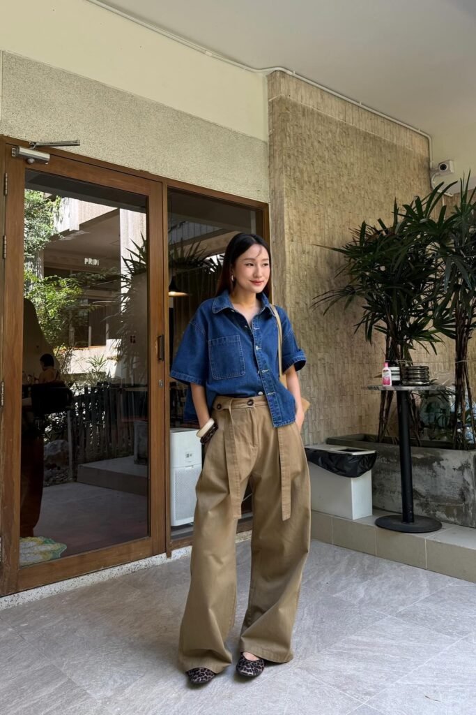Dark Wash Denim Short-Sleeve Shirt + Tan Wide-Leg Trousers + Leopard Print Flats
