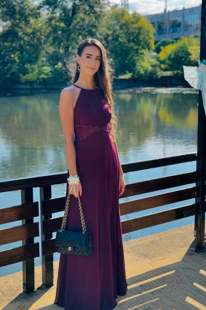 Dark purple maxi dress + Black bag