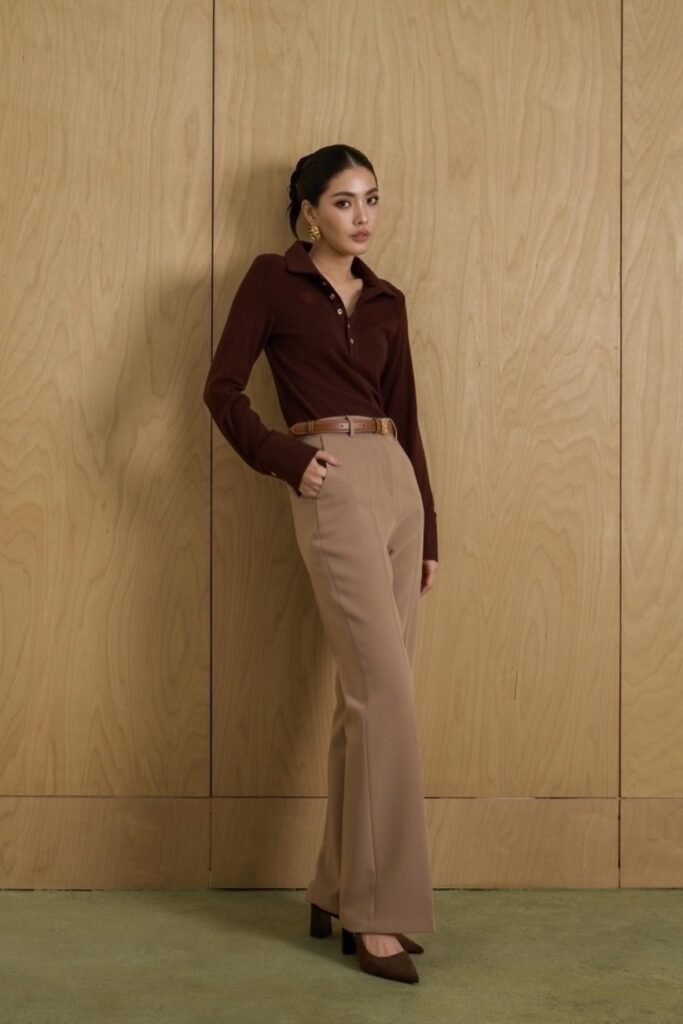 Deep Brown Polo Sweater + Tan High-Waisted Flared Trousers + Slim Tan Belt + Brown Suede Pumps