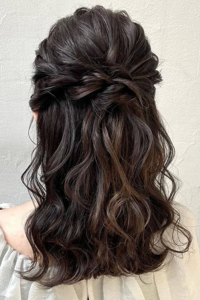 Deep Brunette Half-Up Twisted Crown with Voluminous Curls