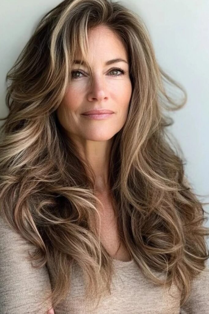 Deep Brunette Waves with Caramel Face-Framing Highlights