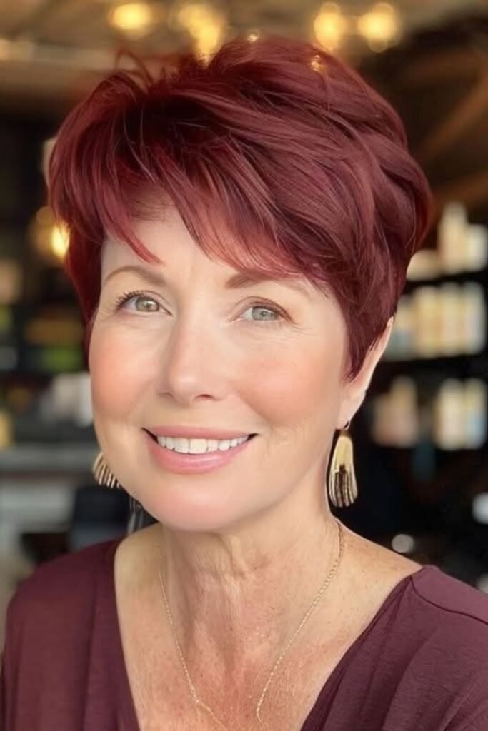 Deep Burgundy Shaggy Pixie with Textured Layers