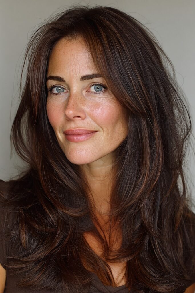 Deep Espresso Long Layers with Face-Framing Butterfly Cut