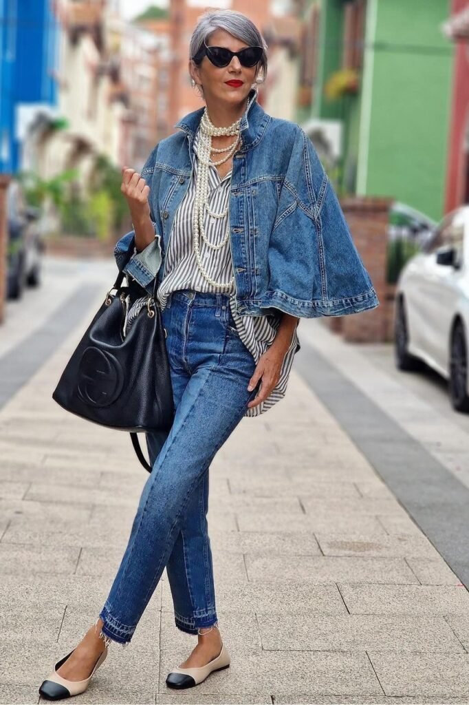 Denim Cape Jacket + Striped Button-Down + Straight-Leg Jeans + Cap-Toe Flats