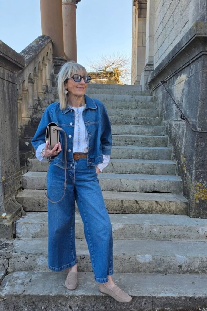 Denim Trucker Jacket + Blue Wide-Leg Jeans + Beige Suede Loafers