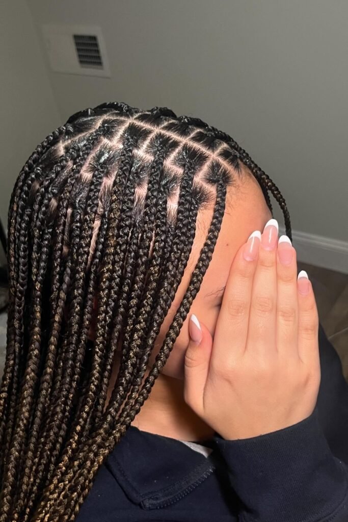 Detailed Square-Parted Knotless Braids with Warm Highlights