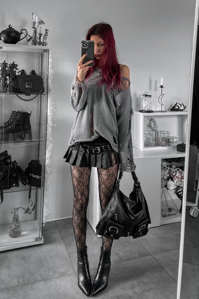 Distressed Grey Oversized Sweater + Black Pleated Micro Skirt + Lace Tights + Pointed Black Ankle Boots