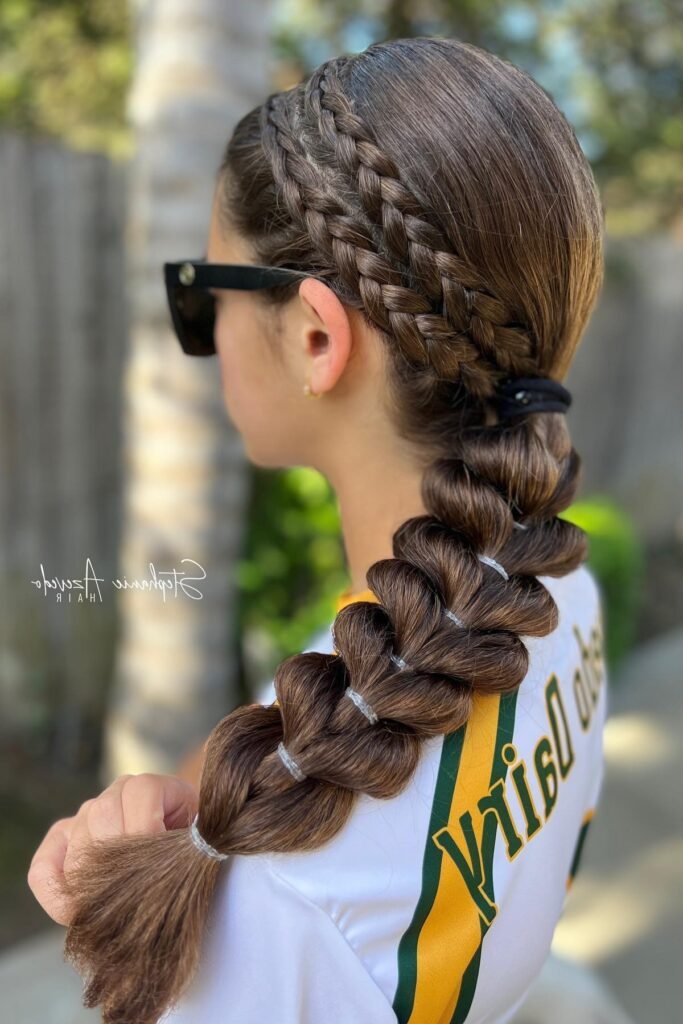 Double Crown Braids into a Voluminous Bubble Braid Ponytail