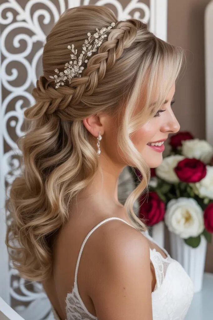 Double Dutch Braided Halo with Side-Swept Bangs