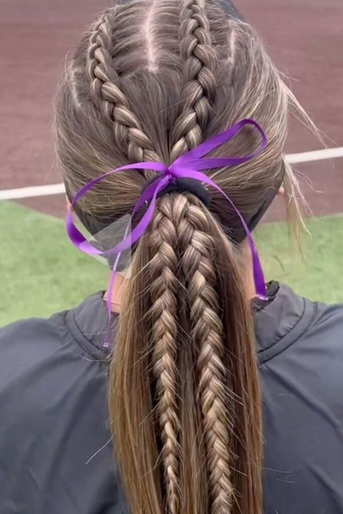 Double French Braids into a Fishtail Ponytail with Purple Ribbon
