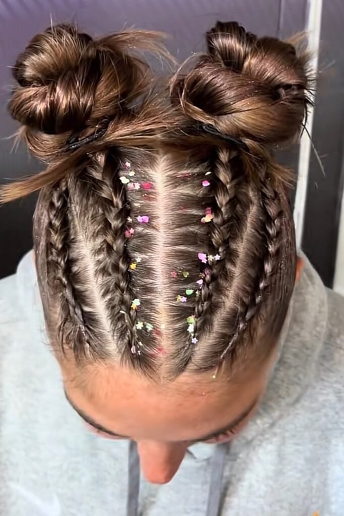 Double Space Buns with Multiple Dutch Braids and Star Glitter