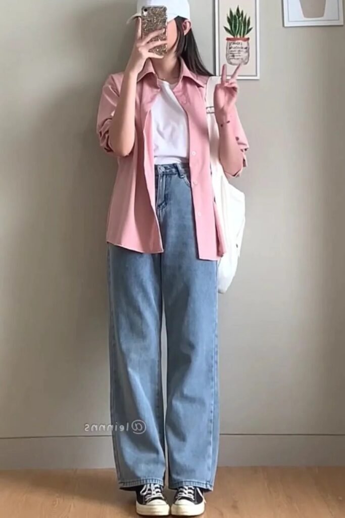 Dusty Pink Button-Down Shirt + White T-Shirt + Wide-Leg Denim Jeans + Black and White Sneakers