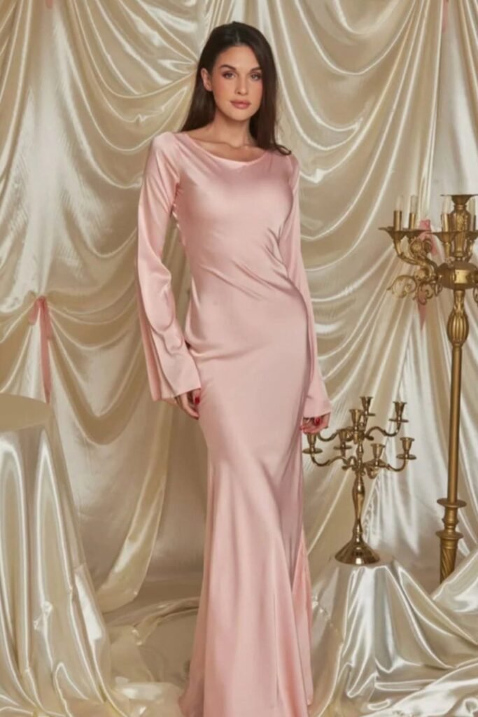 Dusty Rose Satin Long-Sleeve Maxi Dress + Floor-Length Hem