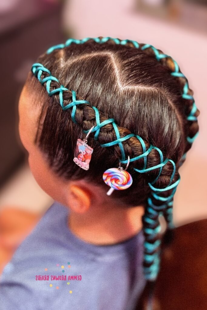 Dutch Braids with Criss-Cross Ribbon Detailing and Novelty Charms