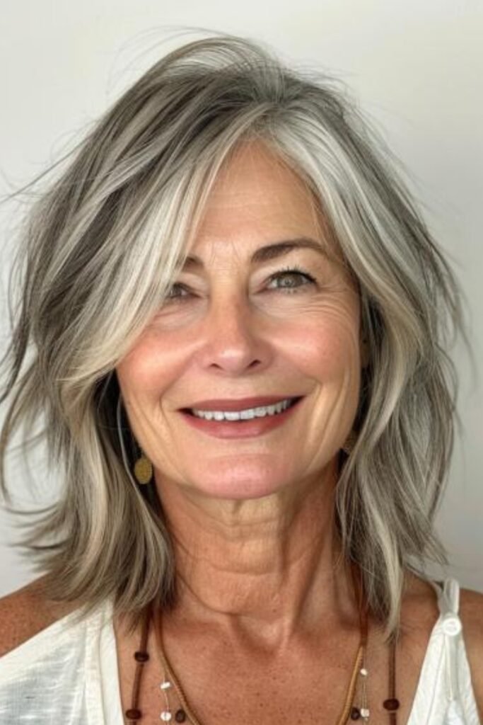 Effortless Shoulder-Length Shag with Silver Highlights
