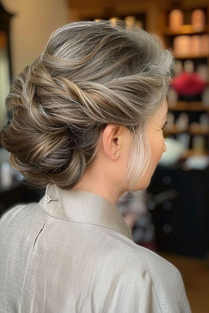 Elegant Braided Low Updo on Salt and Pepper Hair