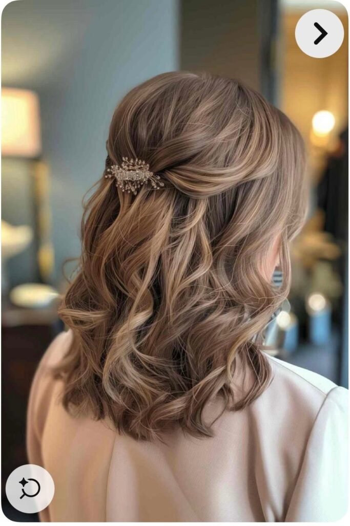 Elegant Half-Up Waves Secured with a Floral Crystal Clip