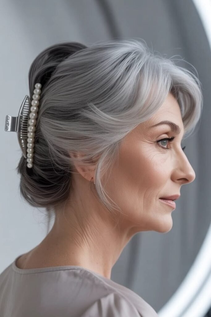 Elegant Low Chignon with Pearl-Embellished Silver Clip