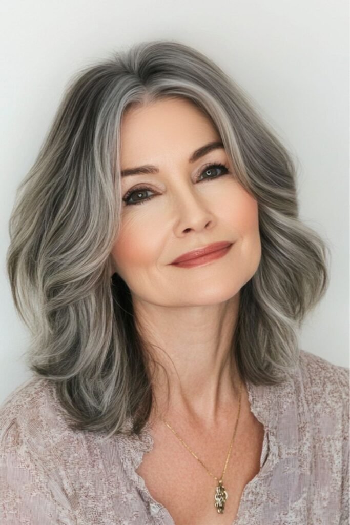 Elegant Salt and Pepper Waves with Middle Part