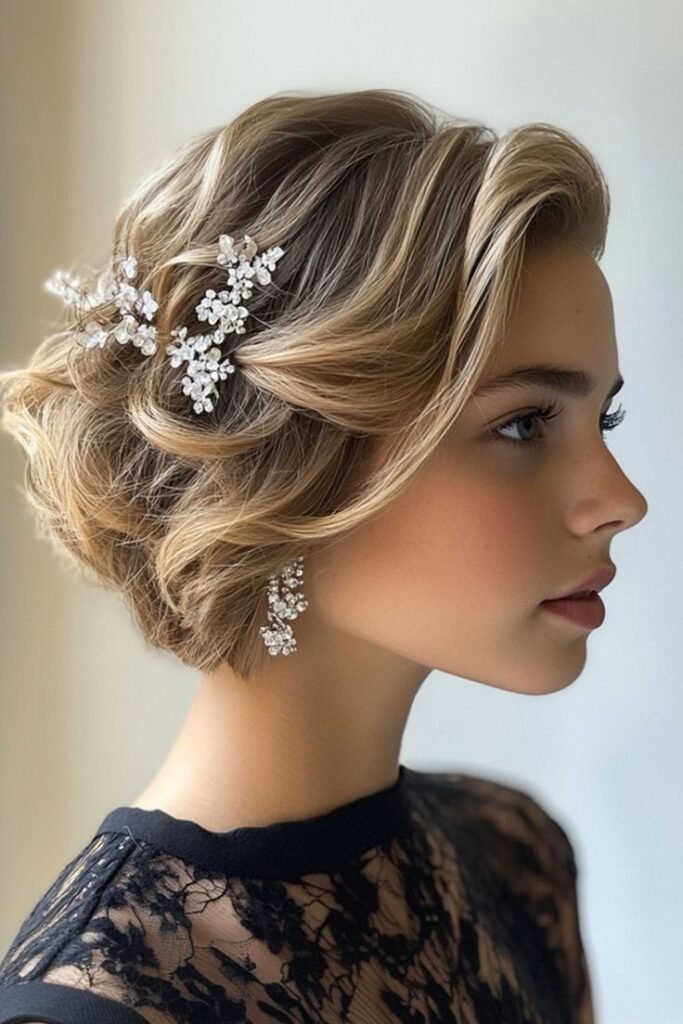 Elegant Short Curls with Floral Jeweled Pins