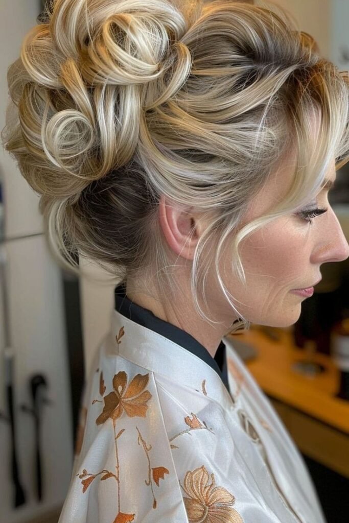 Elegant Swirled Chignon with Side-Swept Bangs