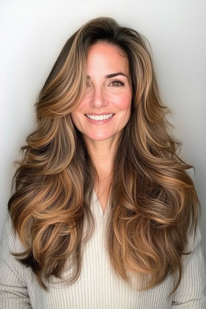 Extra-Long Layered Waves with Golden Highlights