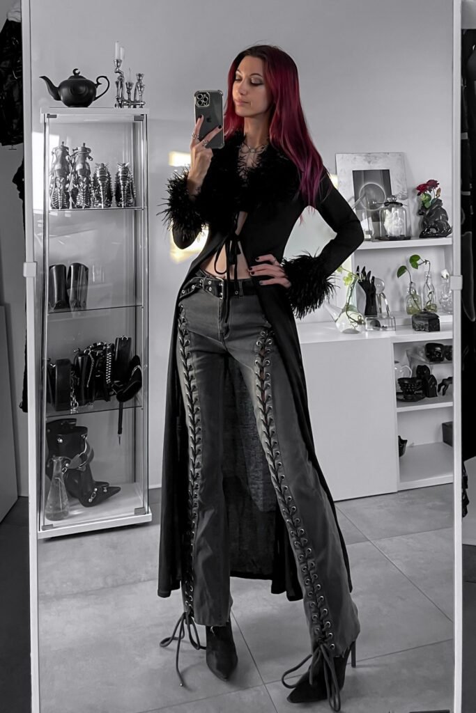 Faux-fur Trimmed Black Duster + Lace-up Grey Flared Jeans + Black Pointed Heels