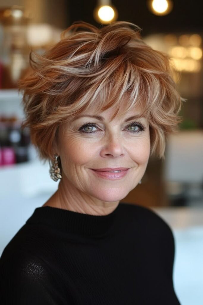 Feathered Copper Bob with Voluminous Layers and Wispy Bangs