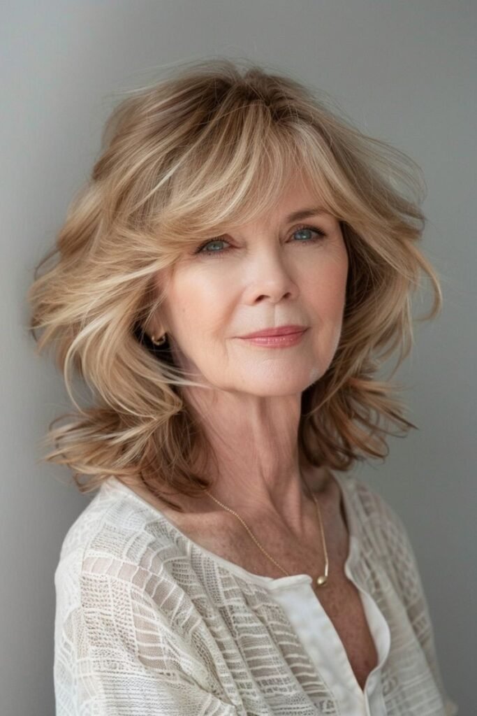 Feathered Mid-Length Cut with Side-Swept Bangs