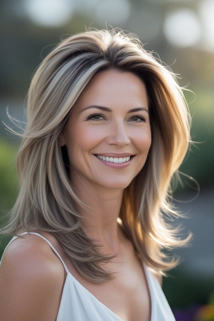 Feathered Mid-Length Layers with Sandy Blonde Balayage