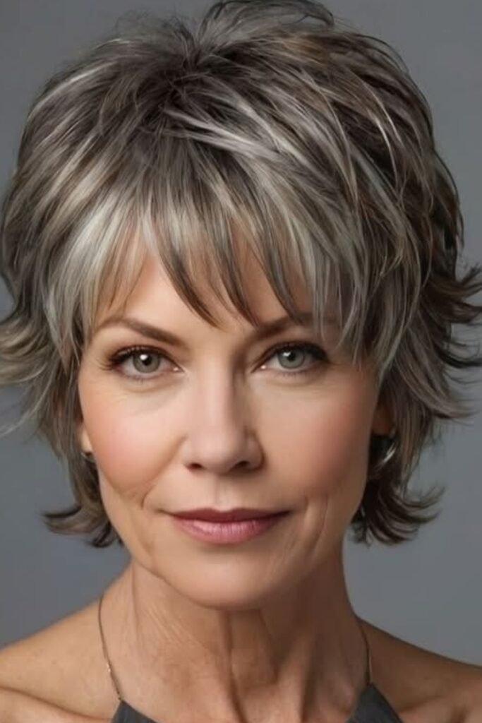 Feathered Salt-and-Pepper Shag with Wispy Bangs