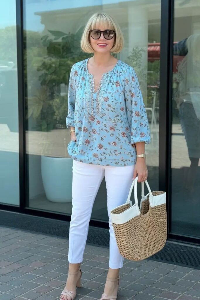 Floral Blue Blouse + White Cropped Trousers + Nude Heeled Sandals