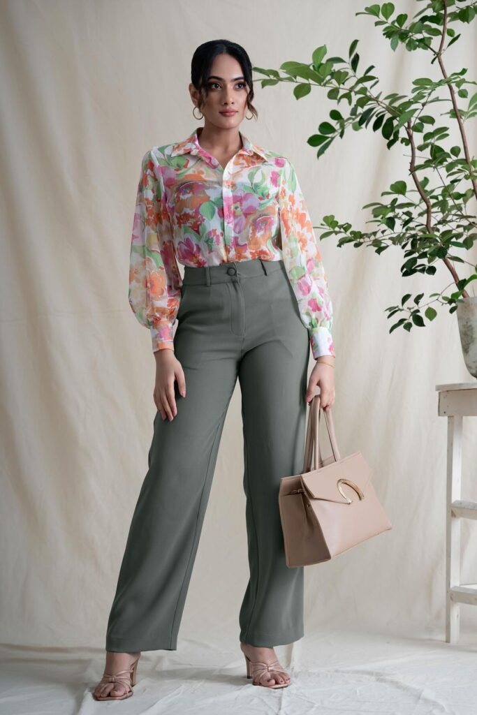 Floral Button-Down Shirt + Olive Wide-Leg Trousers + Nude Strappy Heels