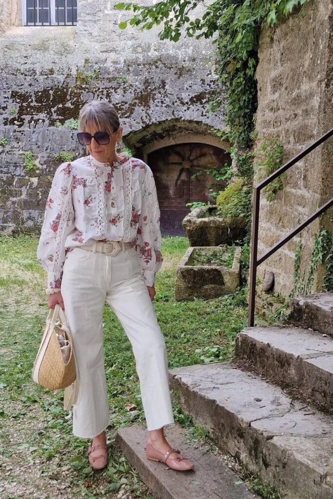 Floral Embroidered Boho Blouse + Off-White Cropped Jeans + Pink Buckled Ballet Flats