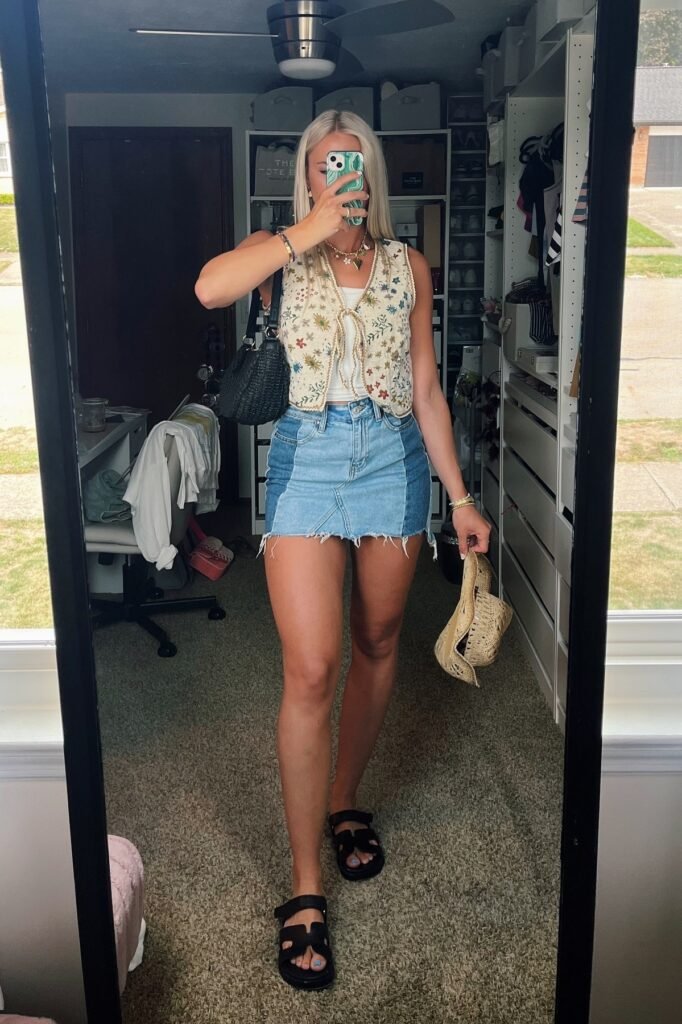 Floral Embroidered Vest + White Crop Top + Two-Toned Denim Skirt + Black Sandals