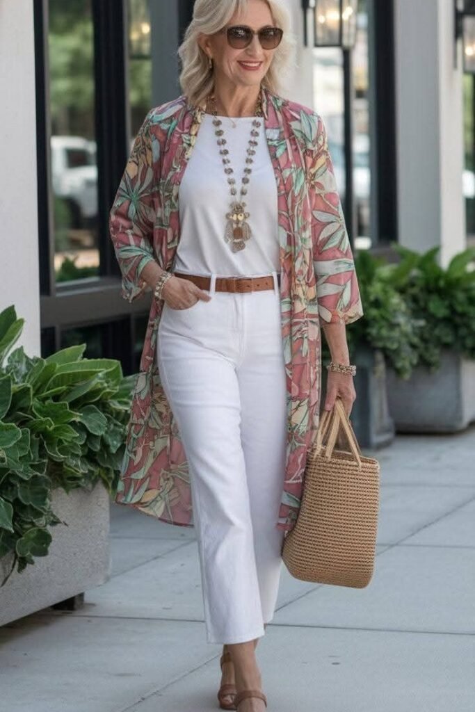 Floral Long Kimono + White T-Shirt + White Straight-Leg Jeans