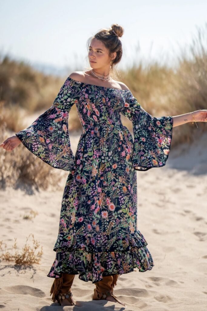 Floral Off-the-Shoulder Maxi Dress + Brown Fringe Boots
