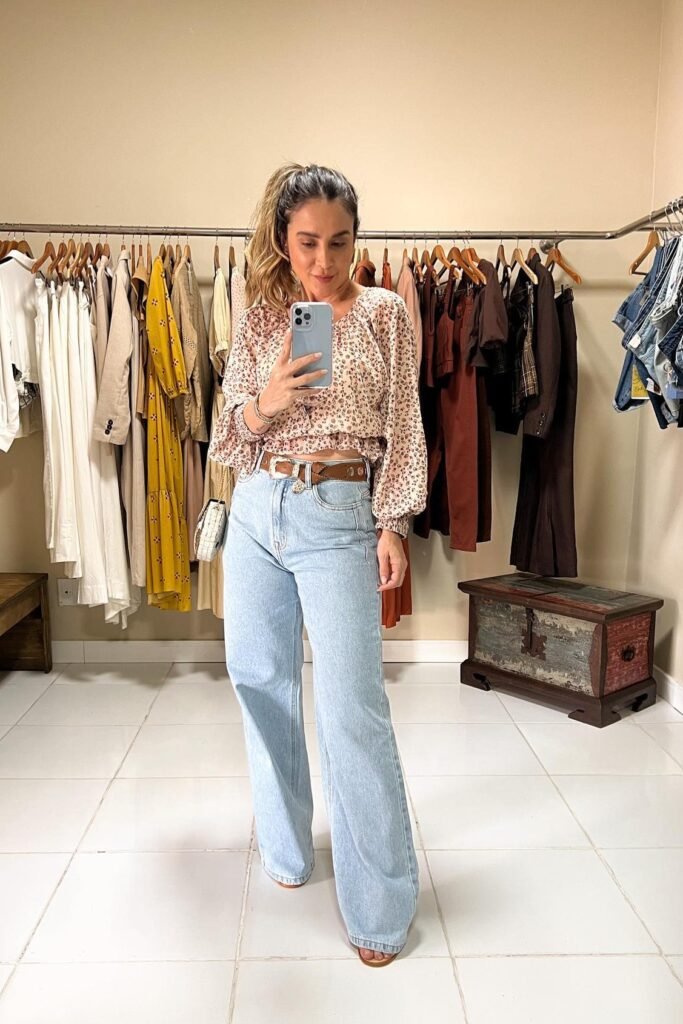 Floral Puff-Sleeve Blouse + Light Wash Wide-Leg Jeans + Brown Leather Belt