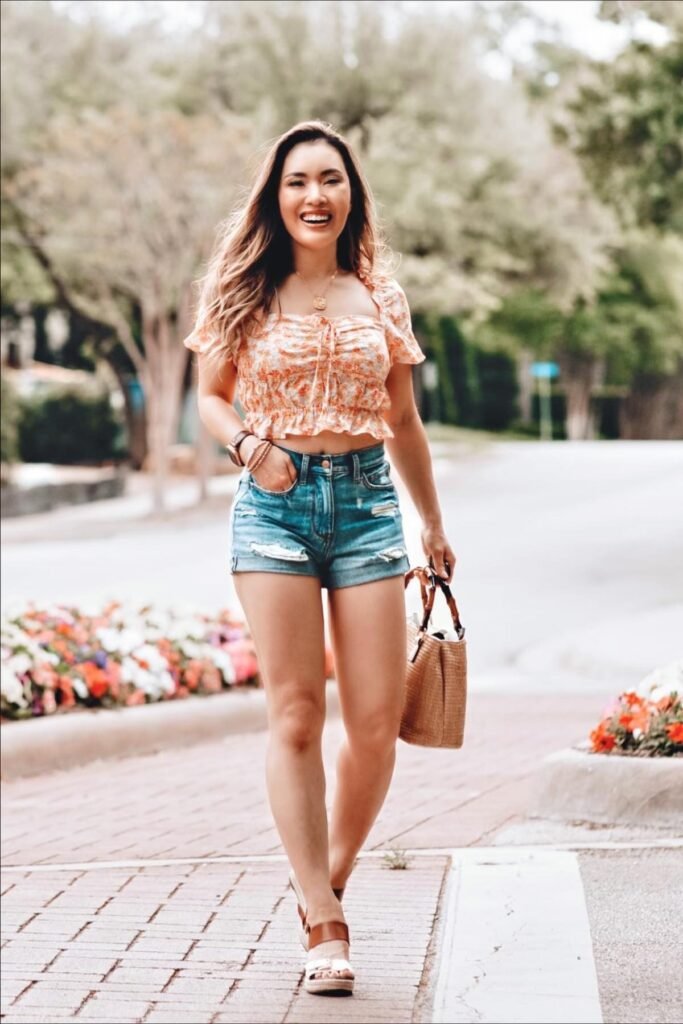 Floral Puff-Sleeve Crop Top + Medium Wash Denim Shorts + Brown Platform Sandals