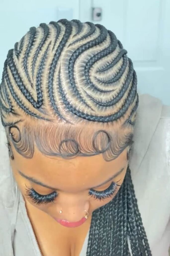 Fluid Wave-Patterned Cornrows with Concentric Circle Details