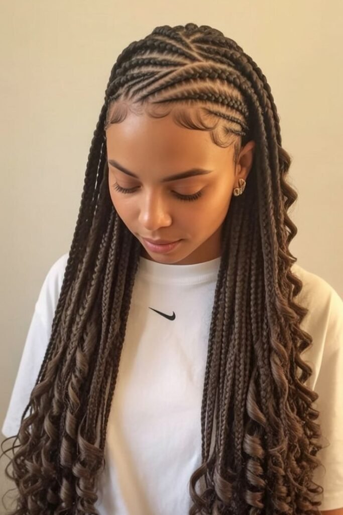 Fulani Braids with Criss-Cross Parting and Spiral Curls