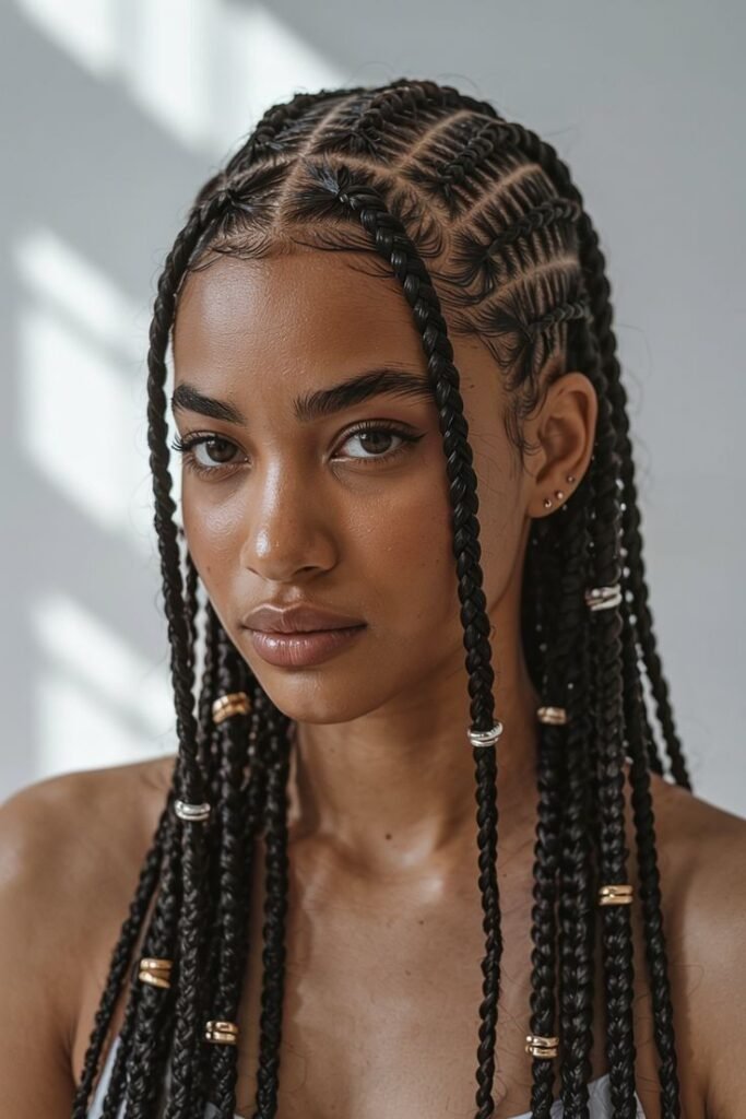 Fulani Braids with Silver and Gold Hair Cuffs