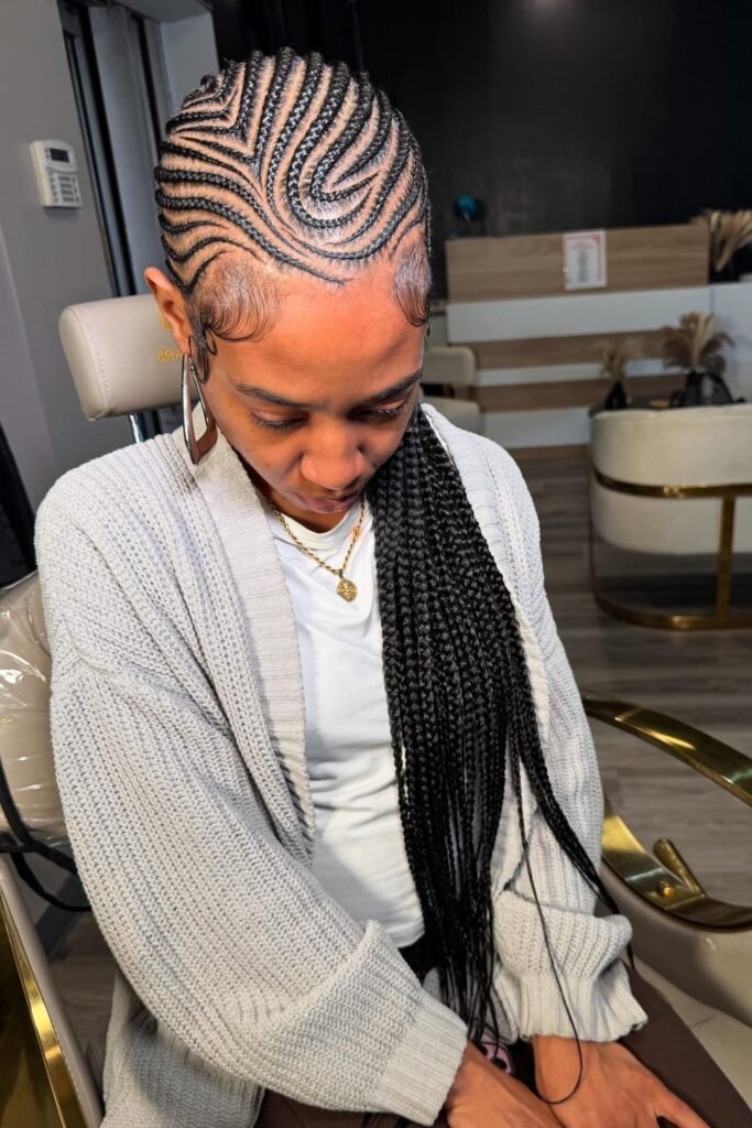 Geometric Feed-in Braids with Curved Partings and Long Extensions