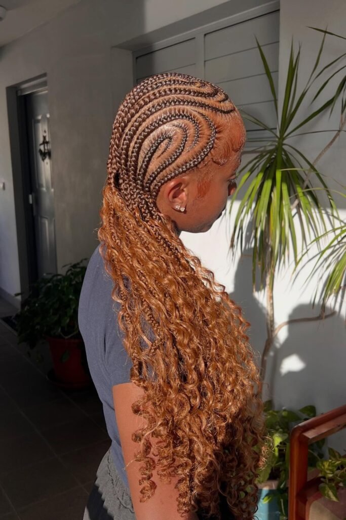 Ginger Boho Braids with Swirled Scalp Design and Long Voluminous Curls