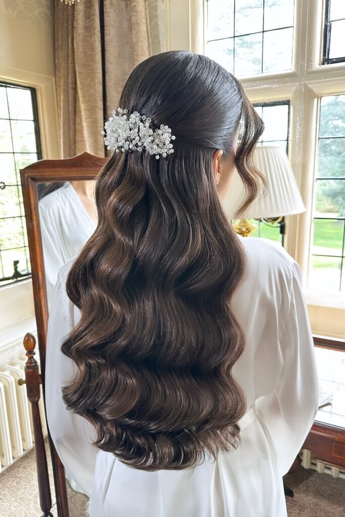 Glamorous Deep Brunette Hollywood Waves with Half-Up Pearl Accessory