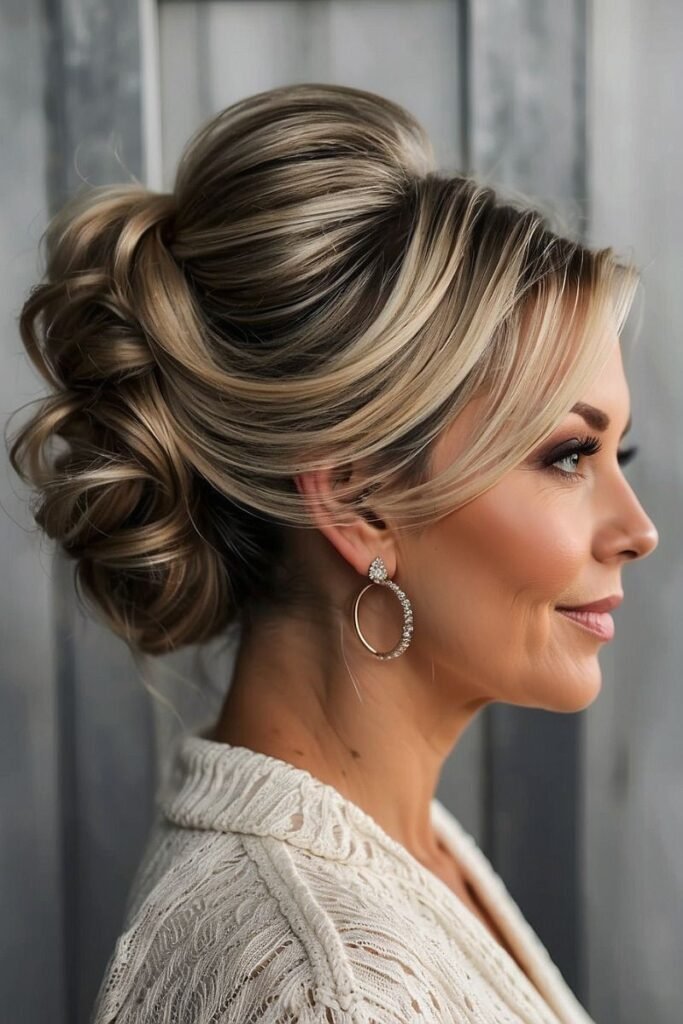Glamorous Voluminous Updo with Deep Side Part and Blonde Highlights